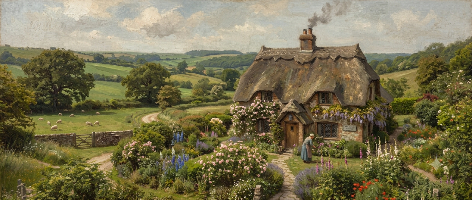 Painting of a thatched country cottage with gardens in the Sussex countryside